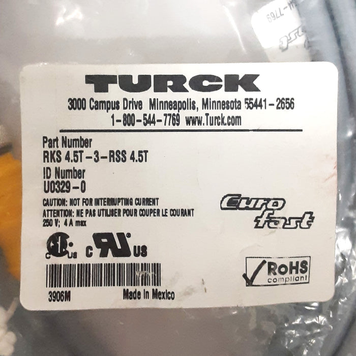 RKS 4.5T-3-RSS 4.5T Turck Cable, Shielded, M12 FEMALE/M12 MALE, 5 PIN, 250V/2A